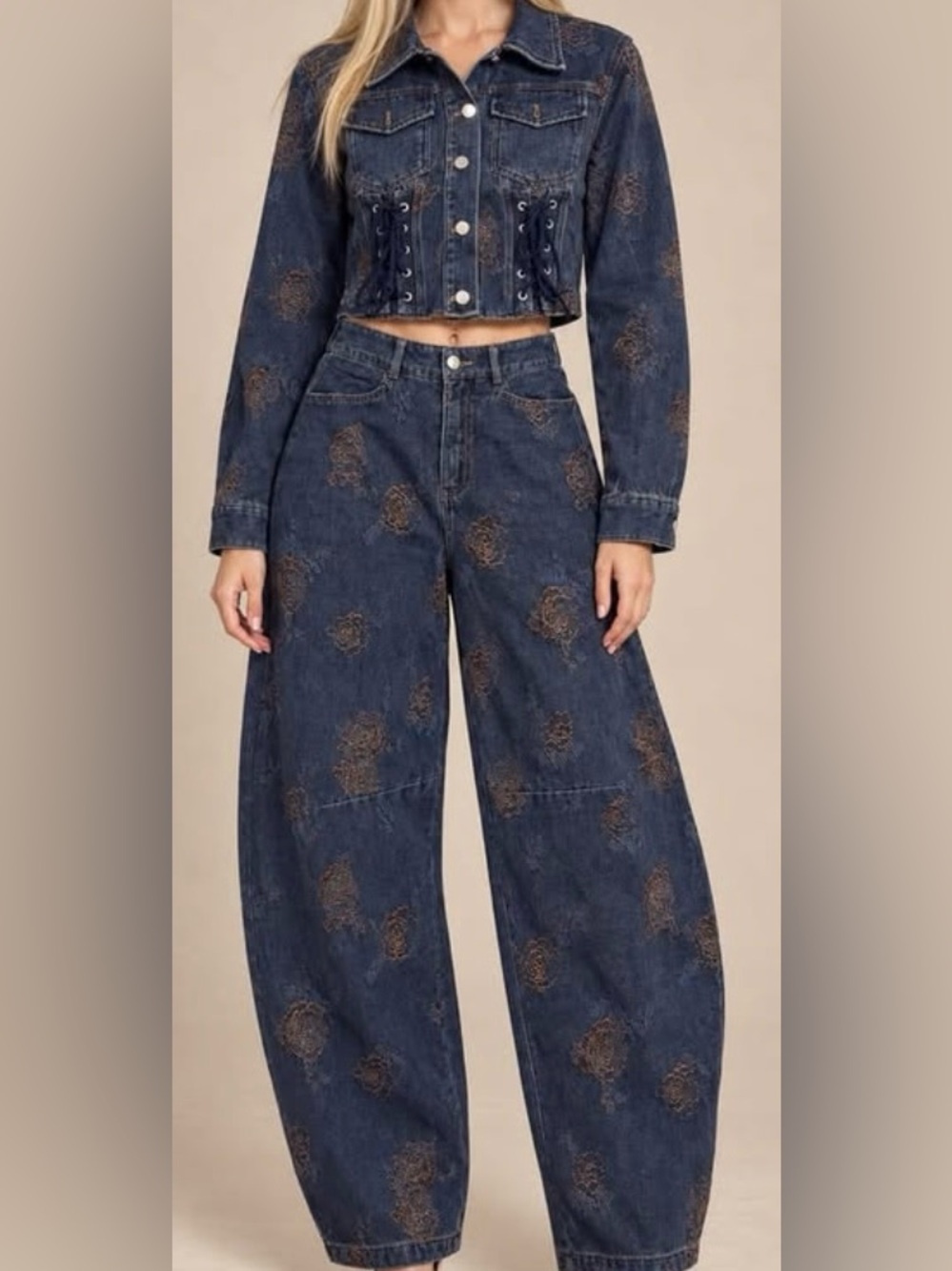 Embroidered Denim Top and High-Rise Barrel Leg Set NWT